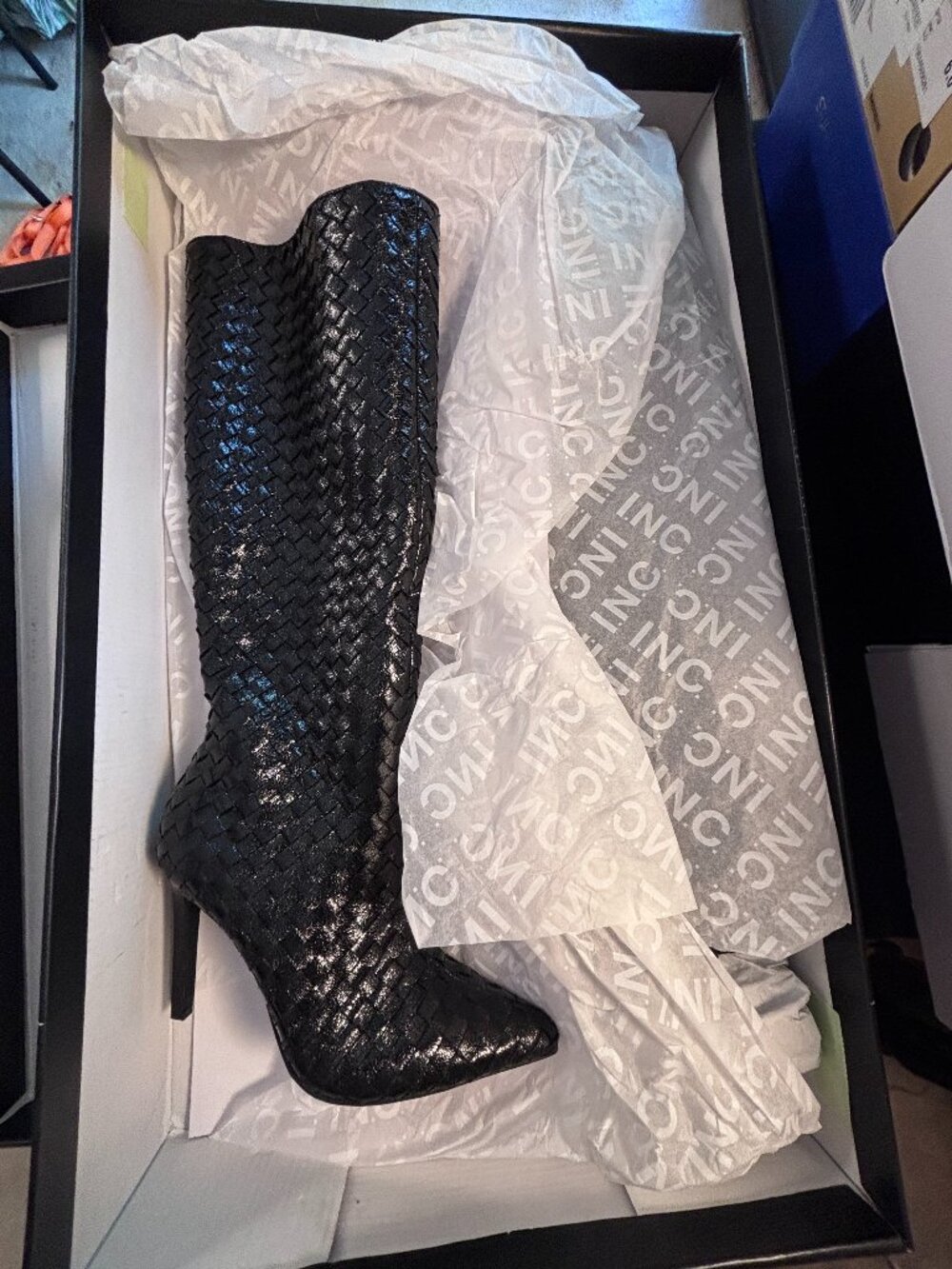 International Concepts Women's Savonia Woven Knee-High Black Heeled Boots in 5.5